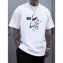 Unisex Oversize Baskılı Pamuklu Bisiklet Yaka Kısa Kollu Beyaz T-Shirt Born To Ride