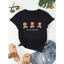 Unisex Oversize Baskılı Pamuklu Bisiklet Yaka Kısa Kollu Siyah T-Shirt Ayıcıklar