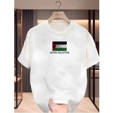 Unisex Oversize Baskılı Pamuklu Bisiklet Yaka Kısa Kollu Beyaz T-Shirt Özgür Filistin