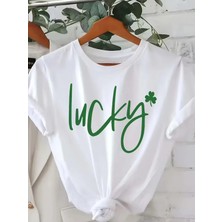 Unisex Oversize Baskılı Pamuklu Bisiklet Yaka Kısa Kollu Beyaz T-Shirt Lucky
