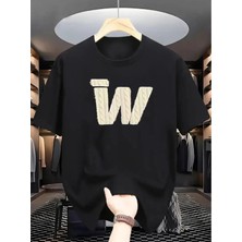 Unisex Oversize Baskılı Pamuklu Bisiklet Yaka Kısa Kollu Siyah T-Shirt W