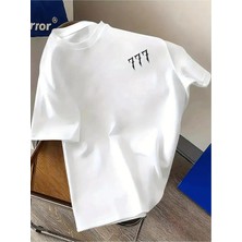Unisex Oversize Baskılı Pamuklu Bisiklet Yaka Kısa Kollu Beyaz T-Shirt 777