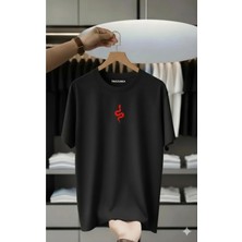 Unisex Oversize Baskılı Pamuklu Bisiklet Yaka Kısa Kollu Siyah T-Shirt Kırmızı Yılan