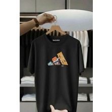 Unisex Oversize Baskılı Pamuklu Bisiklet Yaka Kısa Kollu Siyah T-Shirt Üç Çizgi Basketboll
