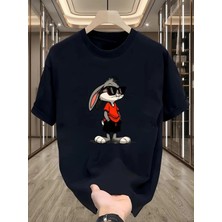Unisex Oversize Baskılı Pamuklu Bisiklet Yaka Kısa Kollu Siyah T-Shirt Tavşan