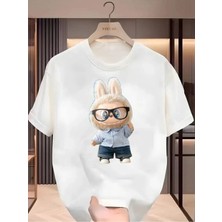 Unisex Oversize Baskılı Pamuklu Bisiklet Yaka Kısa Kollu Beyaz T-Shirt Neşeli