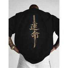 Unisex Oversize Baskılı Pamuklu Bisiklet Yaka Kısa Kollu Siyah T-Shirt Katana