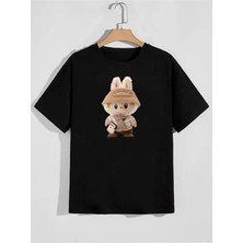 Unisex Oversize Baskılı Pamuklu Bisiklet Yaka Kısa Kollu Siyah T-Shirt Şapkalı