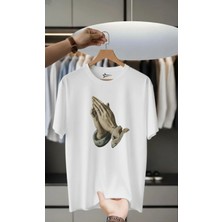 Unisex Oversize Baskılı Pamuklu Bisiklet Yaka Kısa Kollu Beyaz T-Shirt El
