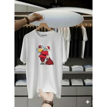Unisex Oversize Baskılı Pamuklu Bisiklet Yaka Kısa Kollu Beyaz T-Shirt Noel Baba Bira