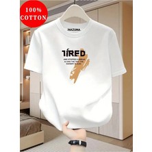 Unisex Oversize Baskılı Pamuklu Bisiklet Yaka Kısa Kollu Beyaz T-Shirt Tired