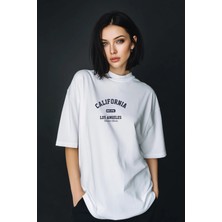 Unisex Oversize Baskılı Pamuklu Bisiklet Yaka Kısa Kollu Beyaz T-Shirt California