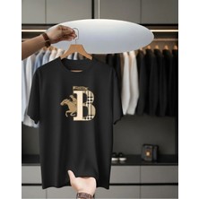 Unisex Oversize Baskılı Pamuklu Bisiklet Yaka Kısa Kollu Siyah T-Shirt Horse