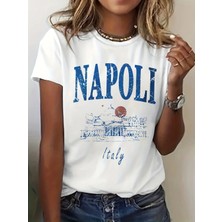 Unisex Oversize Baskılı Pamuklu Bisiklet Yaka Kısa Kollu Beyaz T-Shirt Napoli