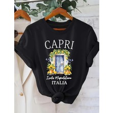 Unisex Oversize Baskılı Pamuklu Bisiklet Yaka Kısa Kollu Siyah T-Shirt Caprı