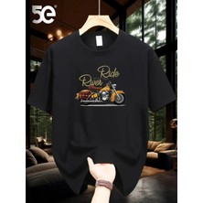 Unisex Oversize Baskılı Pamuklu Bisiklet Yaka Kısa Kollu Siyah T-Shirt Harley
