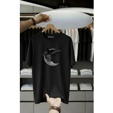 Unisex Oversize Baskılı Pamuklu Bisiklet Yaka Kısa Kollu Siyah T-Shirt Balina