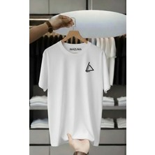 Unisex Oversize Baskılı Pamuklu Bisiklet Yaka Kısa Kollu Beyaz T-Shirt Üçgen