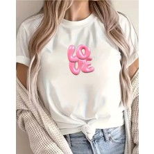 Unisex Oversize Baskılı Pamuklu Bisiklet Yaka Kısa Kollu Beyaz T-Shirt Love