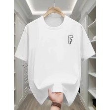 Unisex Oversize Baskılı Pamuklu Bisiklet Yaka Kısa Kollu Beyaz T-Shirt F