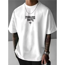 Unisex Oversize Baskılı Pamuklu Bisiklet Yaka Kısa Kollu Beyaz T-Shirt Fearless Youth