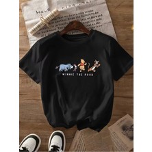 Unisex Oversize Baskılı Pamuklu Bisiklet Yaka Kısa Kollu Siyah T-Shirt Ayıteddy