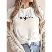 Unisex Oversize Baskılı Pamuklu Bisiklet Yaka Kısa Kollu Beyaz T-Shirt Inazuma Geçiş