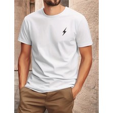 Unisex Oversize Baskılı Pamuklu Bisiklet Yaka Kısa Kollu Beyaz T-Shirt Küçük Yıldırım