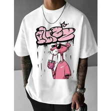 Unisex Oversize Baskılı Pamuklu Bisiklet Yaka Kısa Kollu Beyaz T-Shirt
