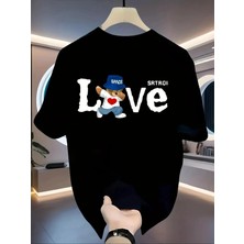 Unisex Oversize Baskılı Pamuklu Bisiklet Yaka Kısa Kollu Siyah T-Shirt Love
