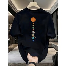 Unisex Oversize Baskılı Pamuklu Bisiklet Yaka Kısa Kollu Siyah T-Shirt Evren