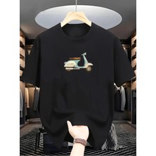 Unisex Oversize Baskılı Pamuklu Bisiklet Yaka Kısa Kollu Siyah T-Shirt Vespa Motor