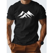 Unisex Oversize Baskılı Pamuklu Bisiklet Yaka Kısa Kollu Siyah T-Shirt Dağlar