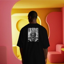 Unisex Oversize Baskılı Pamuklu Bisiklet Yaka Kısa Kollu Siyah T-Shirt Wrath