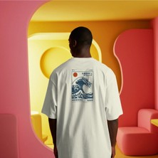 Unisex Oversize Baskılı Pamuklu Bisiklet Yaka Kısa Kollu Beyaz T-Shirt Hokkaido Deniz