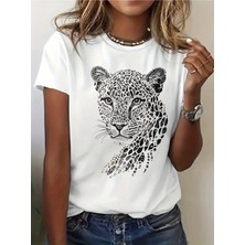 Unisex Oversize Baskılı Pamuklu Bisiklet Yaka Kısa Kollu Beyaz T-Shirt Leopar