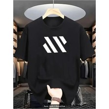 Unisex Oversize Baskılı Pamuklu Bisiklet Yaka Kısa Kollu Siyah T- Çizgili