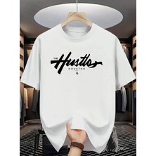 Unisex Oversize Baskılı Pamuklu Bisiklet Yaka Kısa Kollu Beyaz T-Shirt Hustler