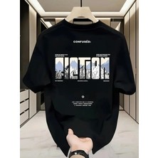 Unisex Oversize Baskılı Pamuklu Bisiklet Yaka Kısa Kollu Siyah T-Shirt Karışık Dağ