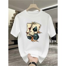Unisex Oversize Baskılı Pamuklu Bisiklet Yaka Kısa Kollu Beyaz T-Shirt Zar
