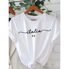 Unisex Oversize Baskılı Pamuklu Bisiklet Yaka Kısa Kollu Beyaz T-Shirt Italia