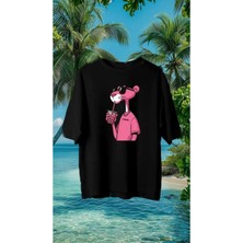 Unisex Oversize Baskılı Pamuklu Bisiklet Yaka Kısa Kollu Siyah T-Shirt Bubble Pembe Panther