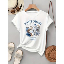 Unisex Oversize Baskılı Pamuklu Bisiklet Yaka Kısa Kollu Beyaz T-Shirt Santorını