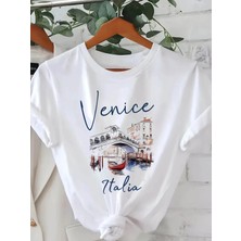 Unisex Oversize Baskılı Pamuklu Bisiklet Yaka Kısa Kollu Beyaz T-Shirt Venice