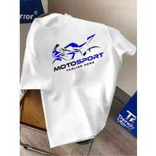 Unisex Oversize Baskılı Pamuklu Bisiklet Yaka Kısa Kollu Beyaz T-Shirt Motosport