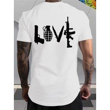 Unisex Oversize Baskılı Pamuklu Bisiklet Yaka Kısa Kollu Beyaz T-Shirt Silahın Aşkı