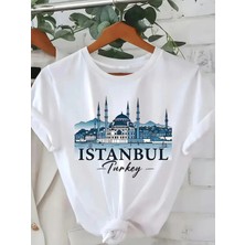 Unisex Oversize Baskılı Pamuklu Bisiklet Yaka Kısa Kollu Beyaz T-Shirt Istanbul