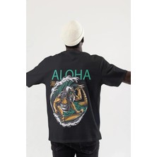 Unisex Oversize Baskılı Pamuklu Bisiklet Yaka Kısa Kollu Siyah T-Shirt Aloha