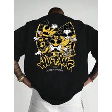 Unisex Oversize Baskılı Pamuklu Bisiklet Yaka Kısa Kollu Siyah T-Shirt Wu-Tang