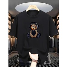 Unisex Oversize Baskılı Pamuklu Bisiklet Yaka Kısa Kollu Siyah T-Shirt Müzik Dinleyen Ayıcık